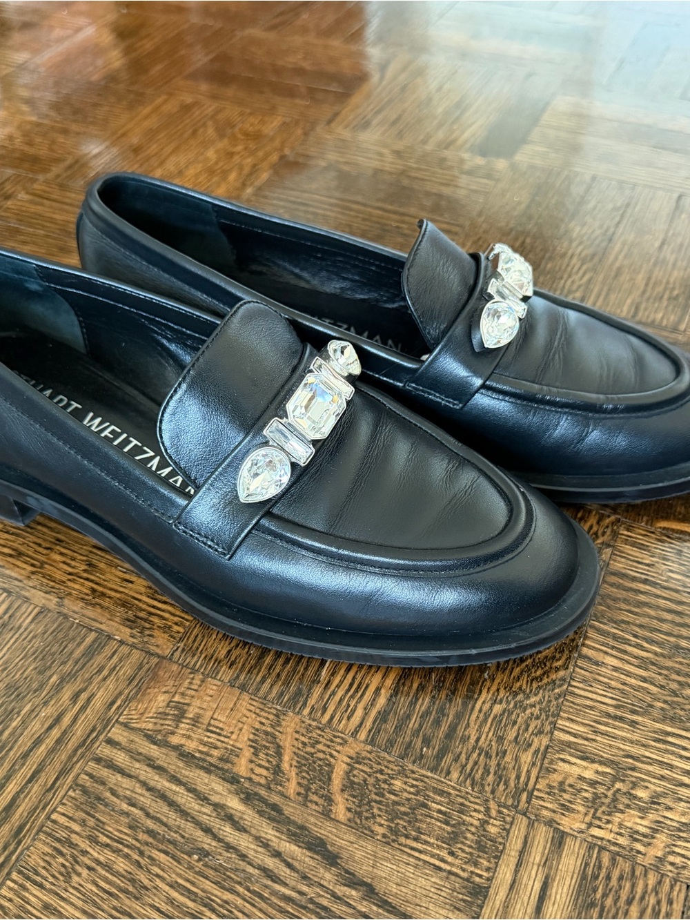 Stuart Weitzman Black Leather Loafers with Crystal Motif